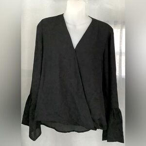 Black Luxurious Crossover Bell-Sleeve blouse